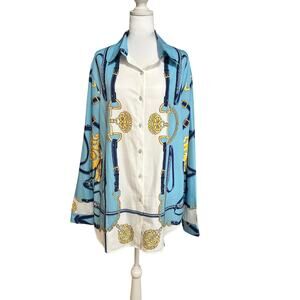Luxurious satin blue, white and gold button up shirt